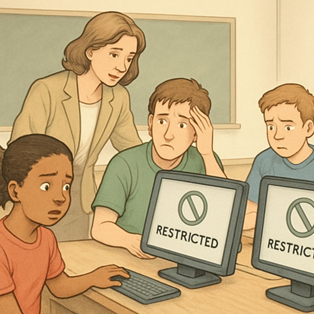 A teacher assisting students in a classroom, with some students struggling to access restricted websites. A classroom setting where a teacher helps students navigate age-restricted websites.