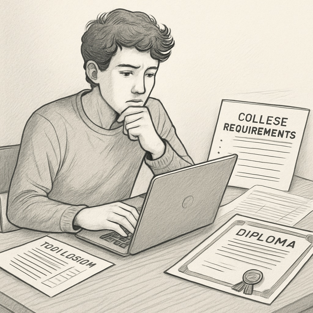 A young adult reflecting on their diploma choice while researching college requirements on a laptop. Student researching college requirements related to their diploma.