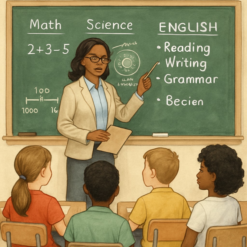 Teacher in a classroom, representing education and ideological diversity.