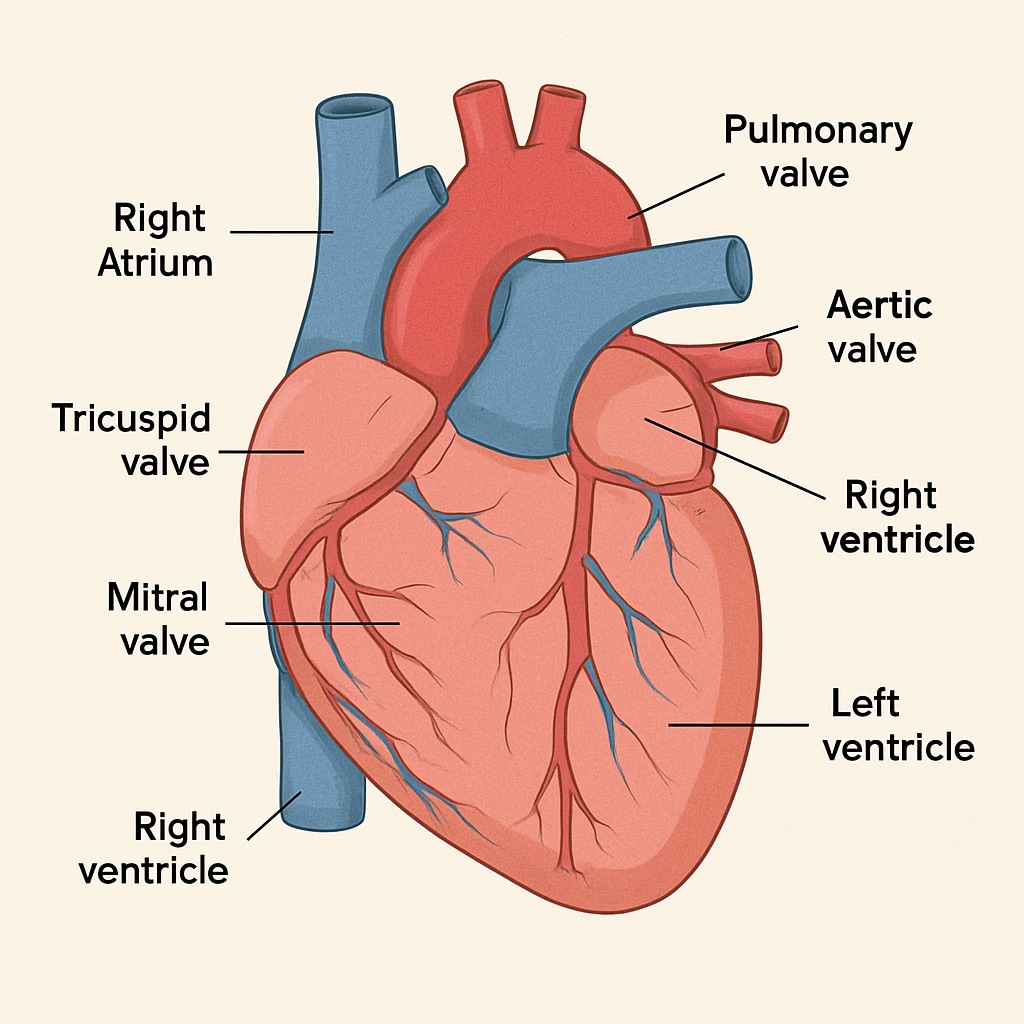 Diagram of the human heart for non-medical professionals and cardiology online courses.