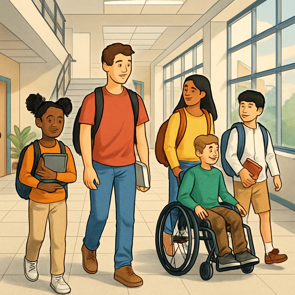 A diverse group of students walking to class in a school, representing the importance of fair transfer policies.