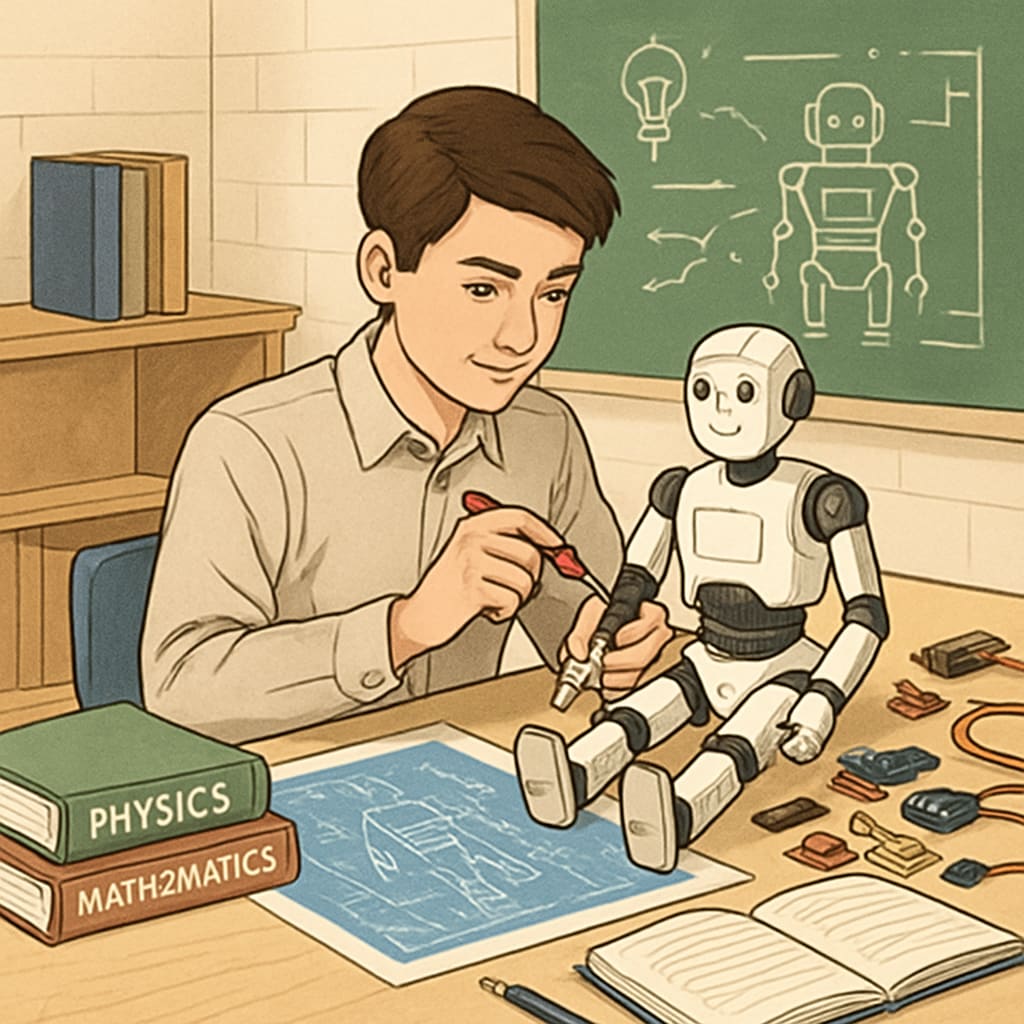 A high school student working on a robotics project surrounded by educational tools, symbolizing interdisciplinary learning. High school student combining robotics and educational tools for STEAM learning.