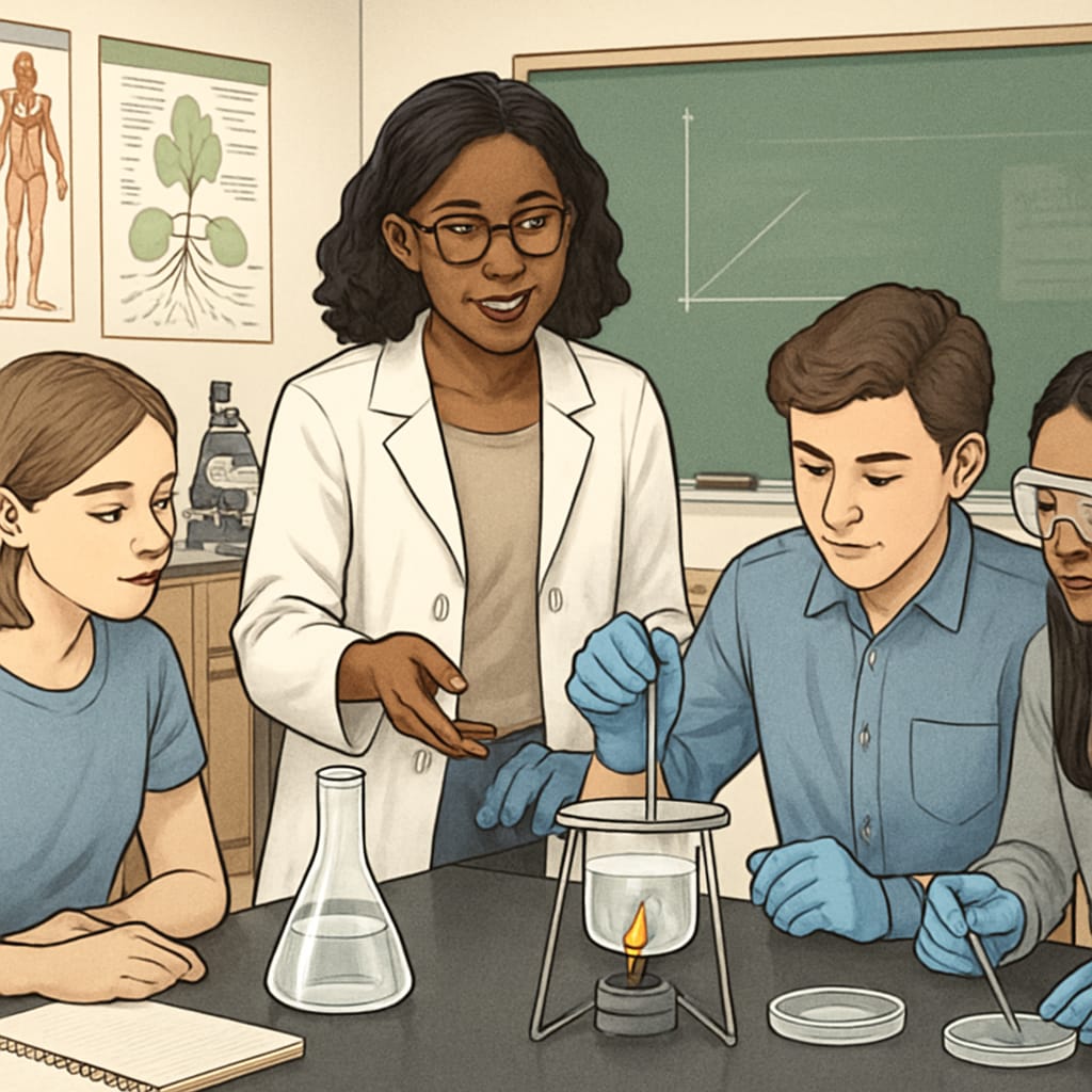 A biology graduate teaching a high school science class, with students engaged in a hands-on experiment. Biology graduate teaching science in a classroom setting.