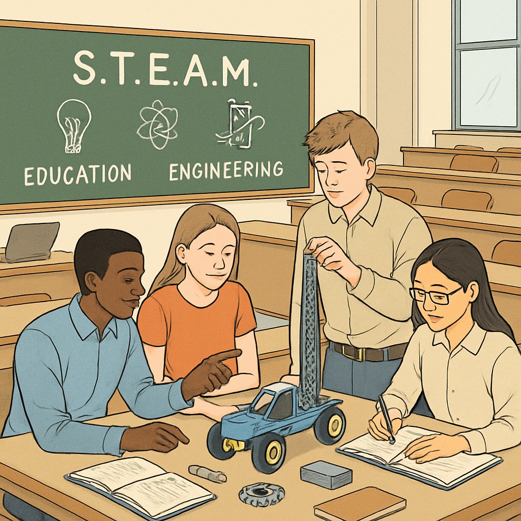 A university classroom showcasing students collaborating on a STEAM project involving both education and engineering principles. University students working on a STEAM project integrating education and engineering concepts.