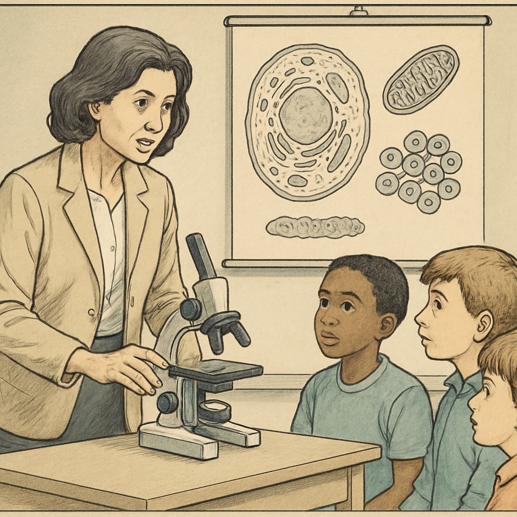 A biology teacher using a microscope to demonstrate cellular structures to a group of enthusiastic students. Biology teacher demonstrating microscope use to students.