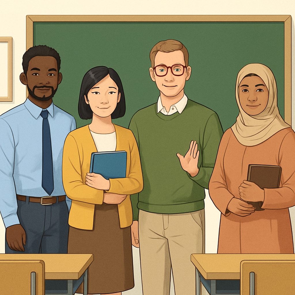 A classroom with teachers representing diverse backgrounds, symbolizing inclusivity in education. Diverse teachers in a classroom, representing inclusivity in education and opposing ideological screening.