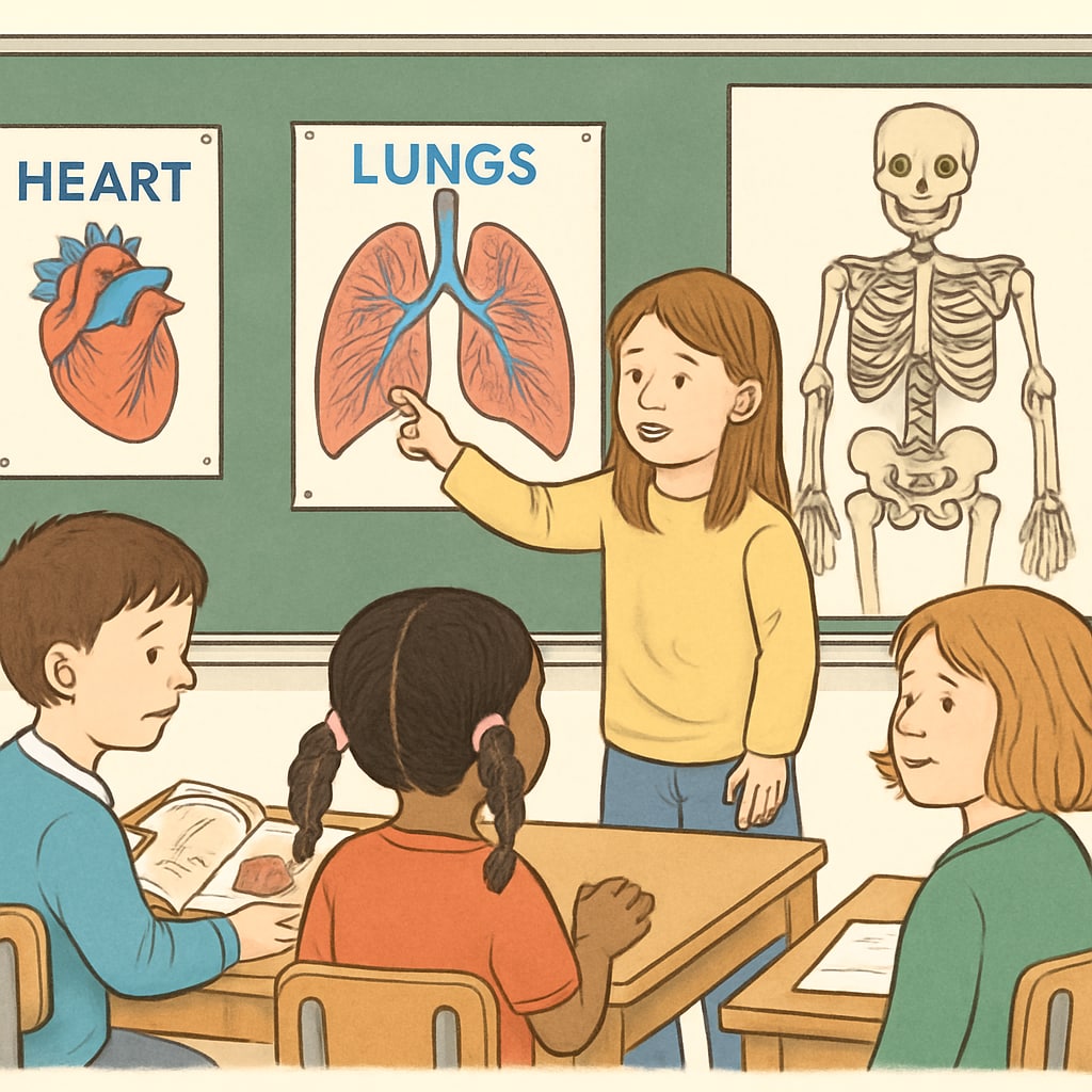 A group of children in a classroom engaged in an interactive science activity, learning medical concepts through visual aids. Children learning medical concepts in a classroom setting.