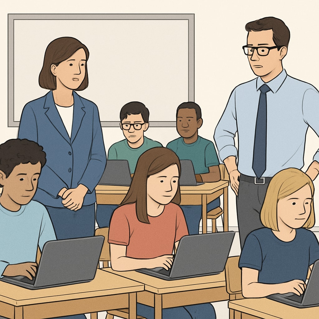 A classroom with students using laptops while teachers monitor their internet use. Students in a classroom using laptops under teacher supervision, illustrating the impact of age verification laws, content filtering, and internet regulations in education.