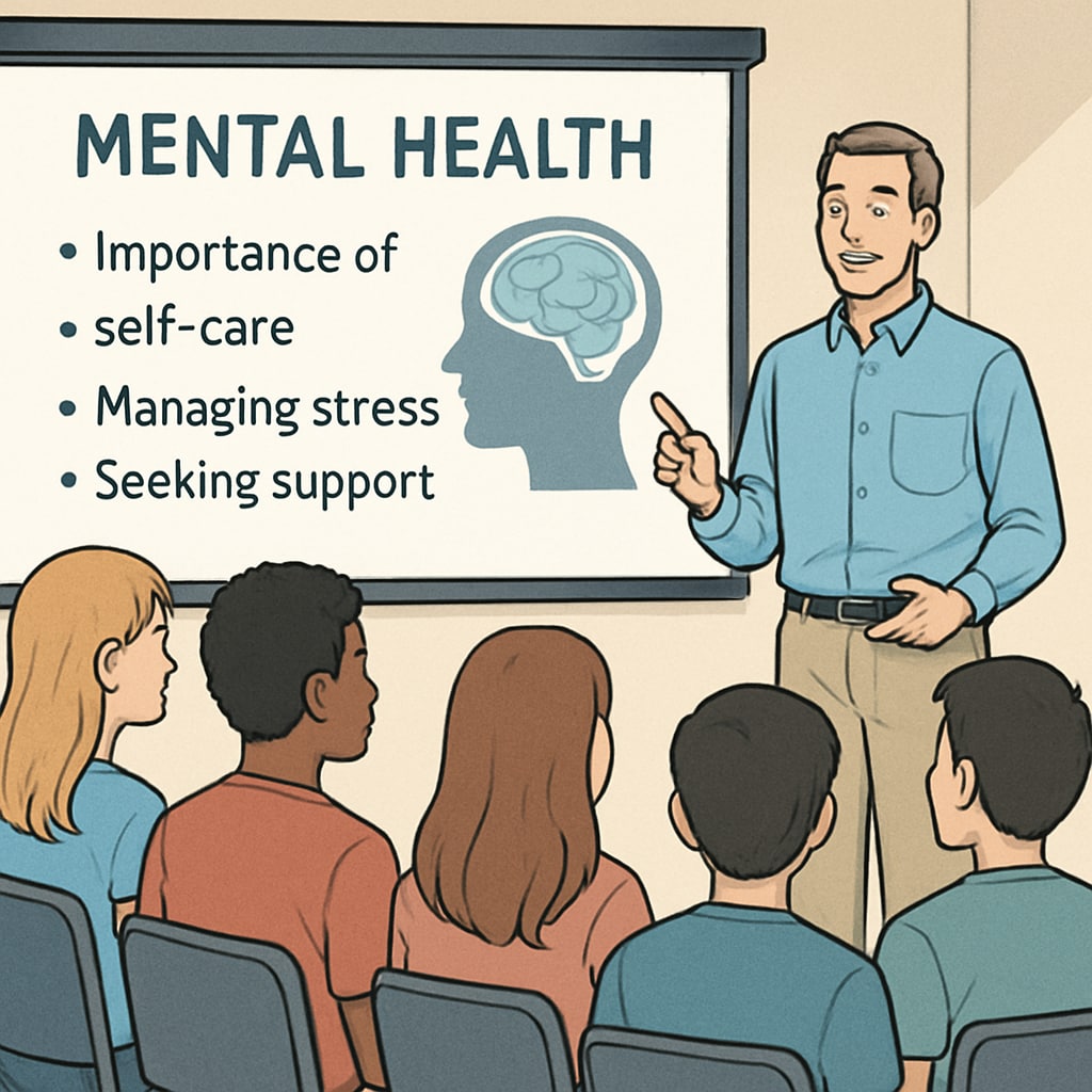 High school students in a mental health seminar setting, focused on a presentation.