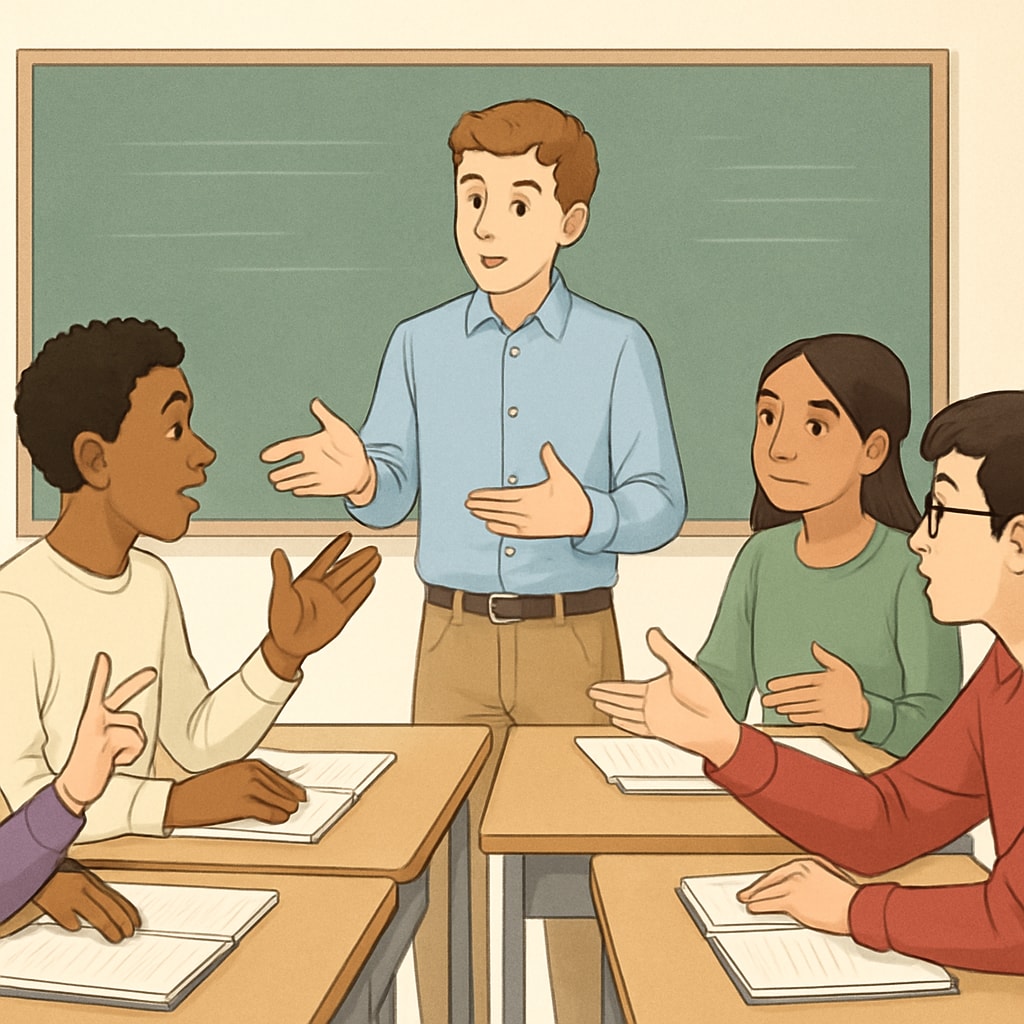 A group of students in a classroom engaging in a debate, representing diverse perspectives and critical thinking. Students in a classroom debate, showcasing diverse perspectives and critical thinking skills.