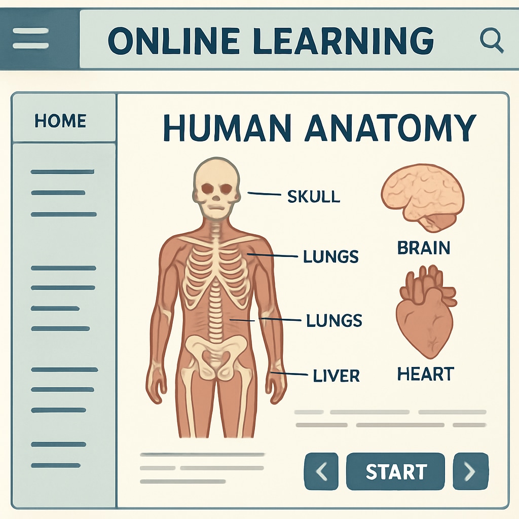 A screenshot of an online learning platform showing an interactive module on human anatomy. Online learning module on human anatomy for K12 students.
