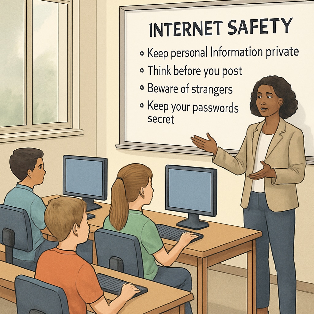 A teacher discussing internet safety with students in a computer lab. A teacher explaining internet safety to students in a computer lab, highlighting the balance between age verification laws and open learning.