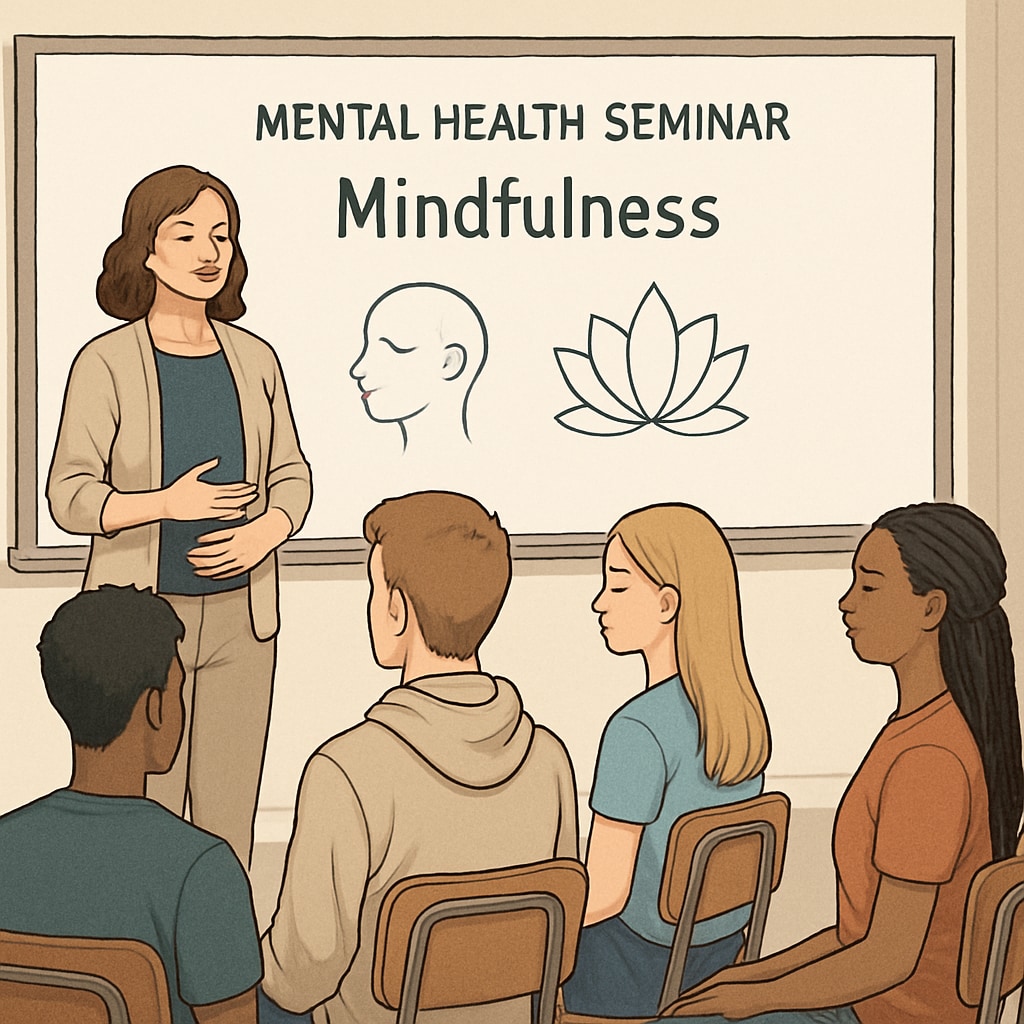 A presenter leading mindfulness exercises in a mental health seminar for high school students.