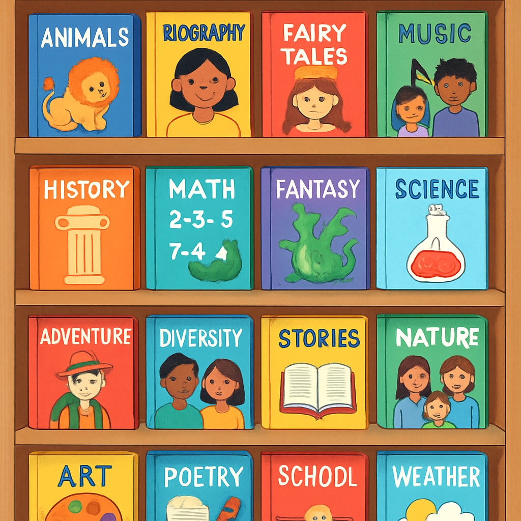 Diverse children's books on a colorful bookshelf promoting reading comprehension and motivation.