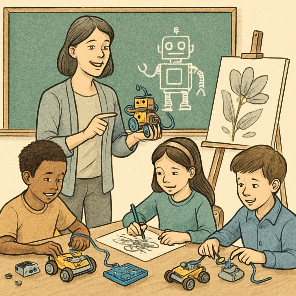 Teacher integrating robotics in art education to combine engineering and creativity.
