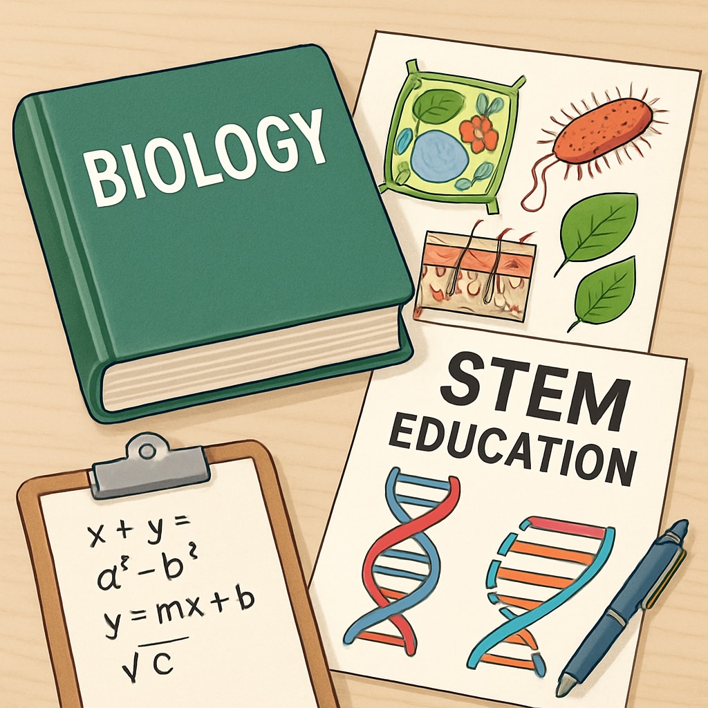 Biology textbooks and teaching materials representing STEM education.