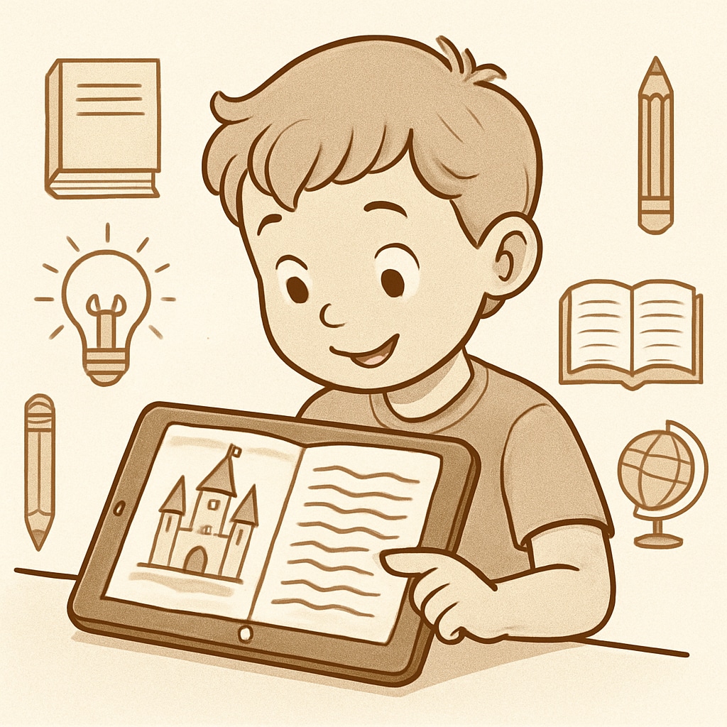 Child reading an interactive story on a tablet, showcasing technology-driven alternatives to A.R.