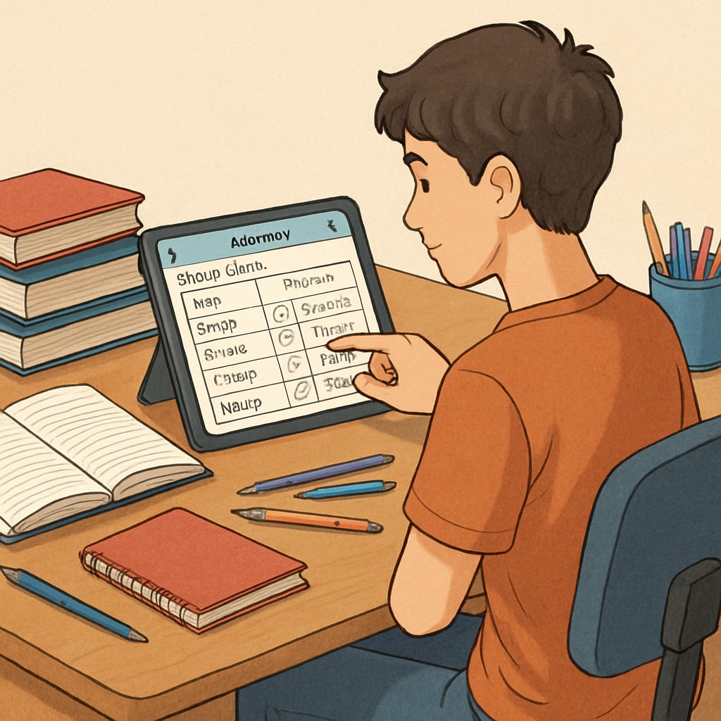 A teenager using a planner or app to organize study goals and track progress. This image visually represents the concept of self-directed learning and organization tools. Teen using planner to manage learning difficulties and track progress
