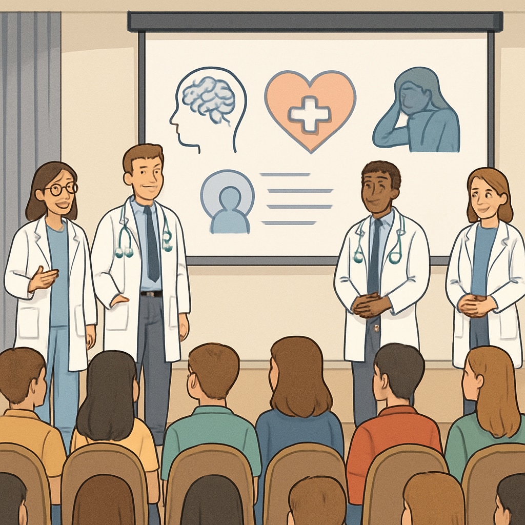 A group of medical students presenting a mental health workshop to high school students in a school auditorium. Medical students conducting a mental health assembly in a high school auditorium.