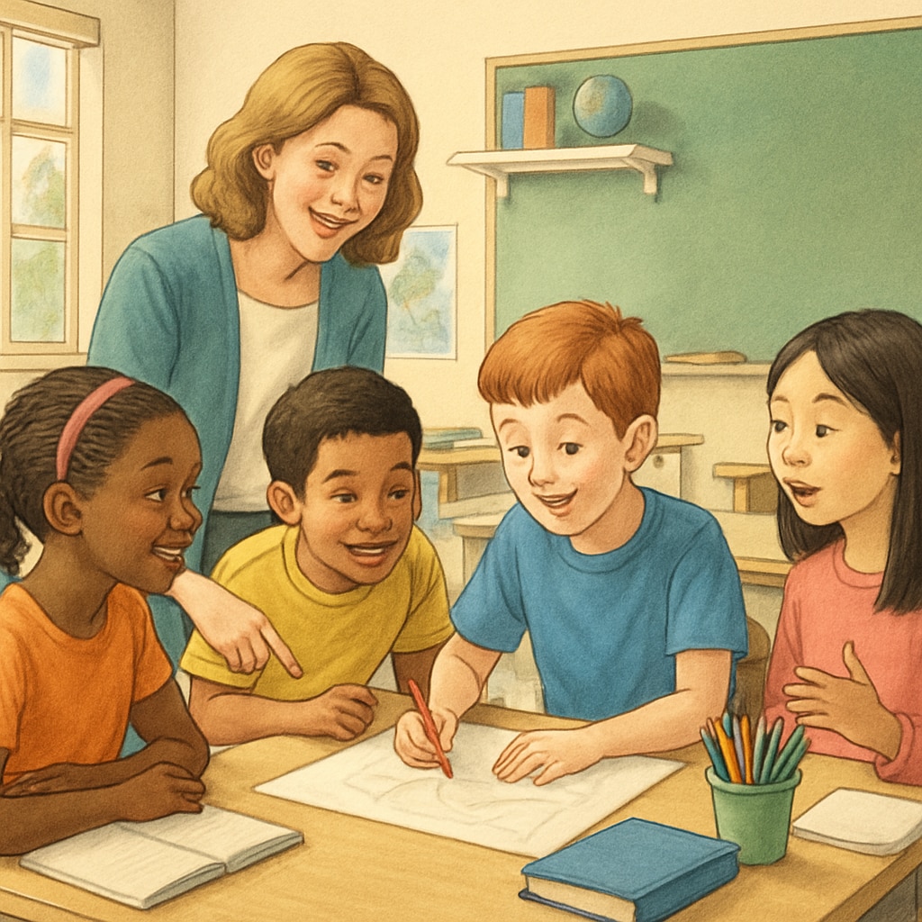 A diverse classroom with students and a teacher engaging in an interactive learning activity, representing public schools.