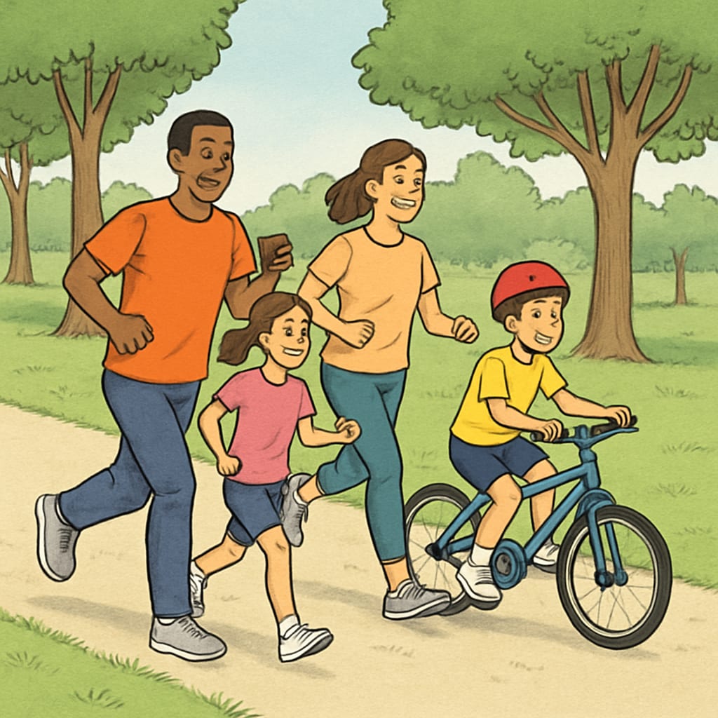 A family enjoying a healthy meal together or engaging in outdoor physical activities. This image highlights the importance of family participation in creating healthy habits. Family practicing healthy lifestyle habits to support teen development