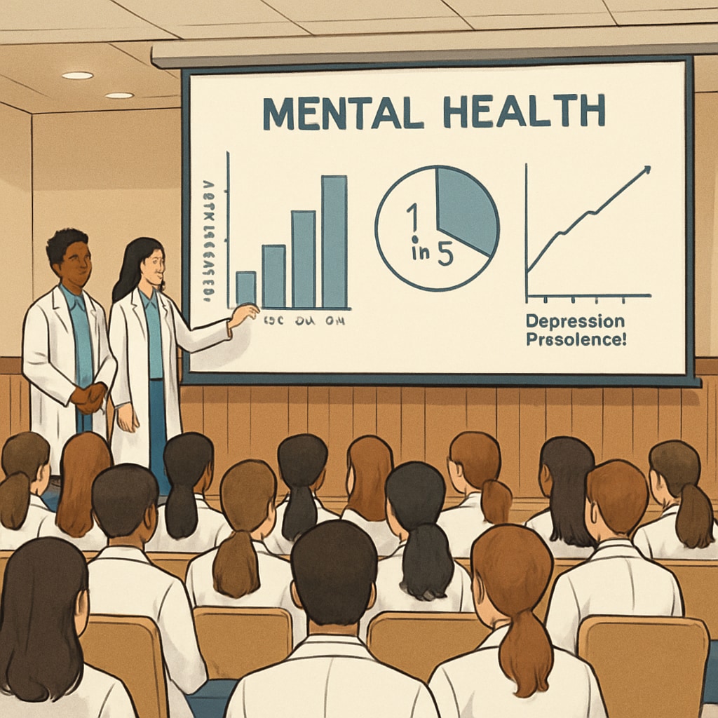 Medical students using a projector to display mental health statistics during a school assembly. Medical students sharing mental health statistics during a school presentation.