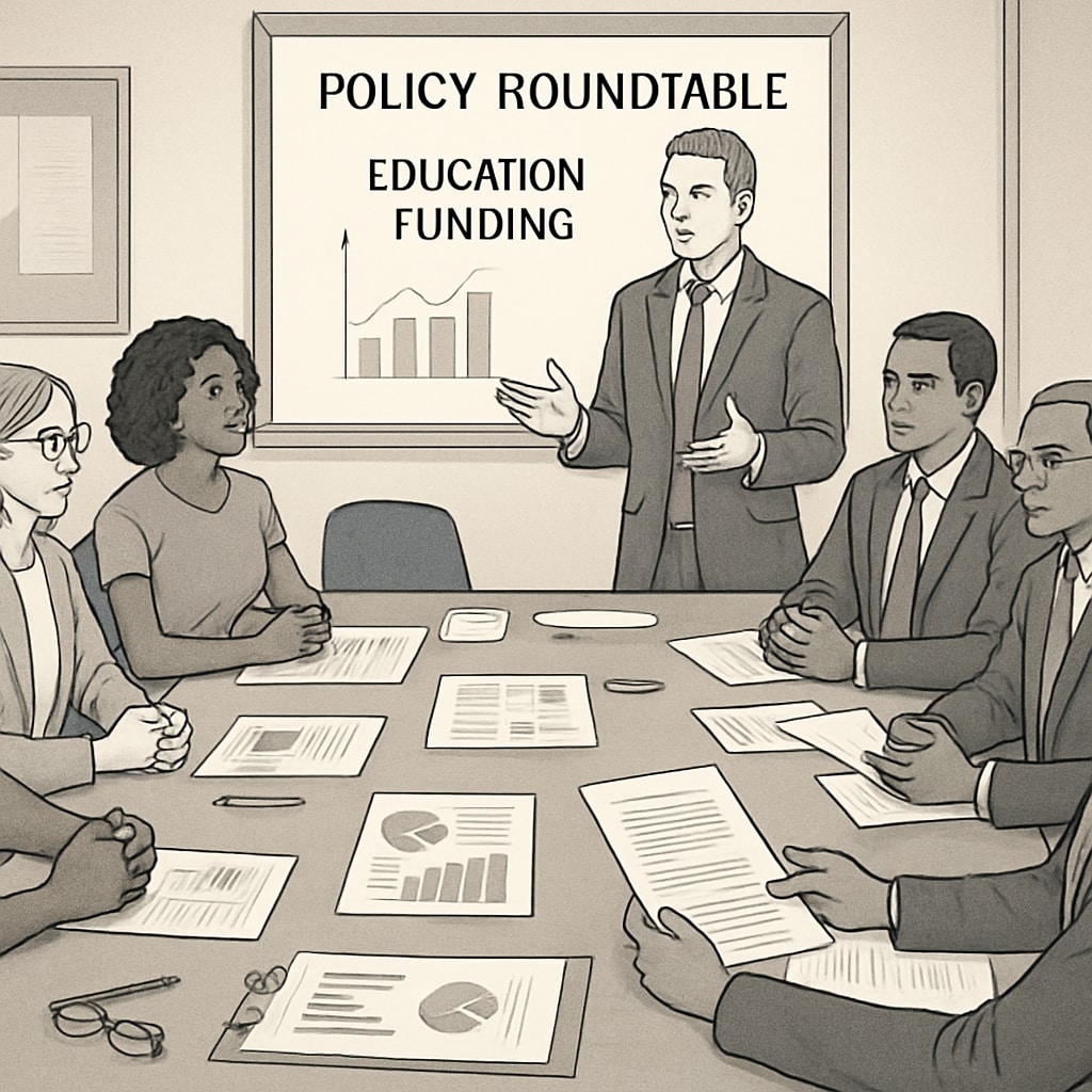 Policy discussion featuring educators and community leaders collaborating on education funding solutions in the context of school vouchers.