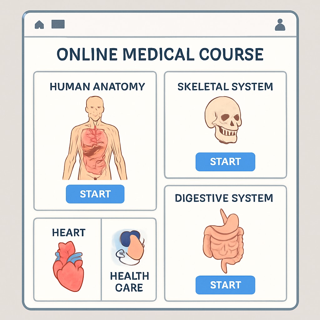 An online medical course dashboard showing modules on human anatomy and basic healthcare principles. Online course module for non-medical learners exploring anatomy and healthcare basics.
