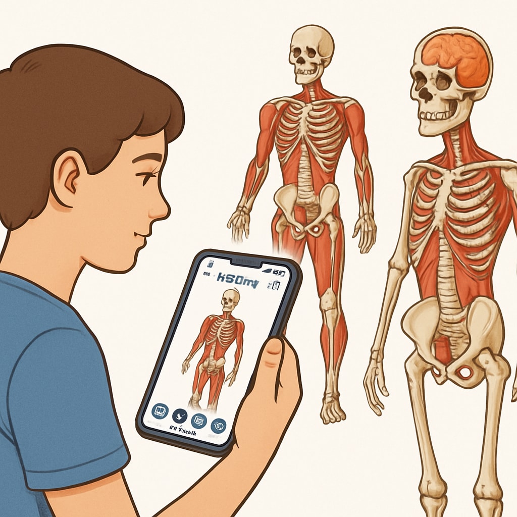 A learner using a mobile app to study human anatomy with interactive 3D models. Mobile app for studying human anatomy with interactive features, designed for non-medical learners.