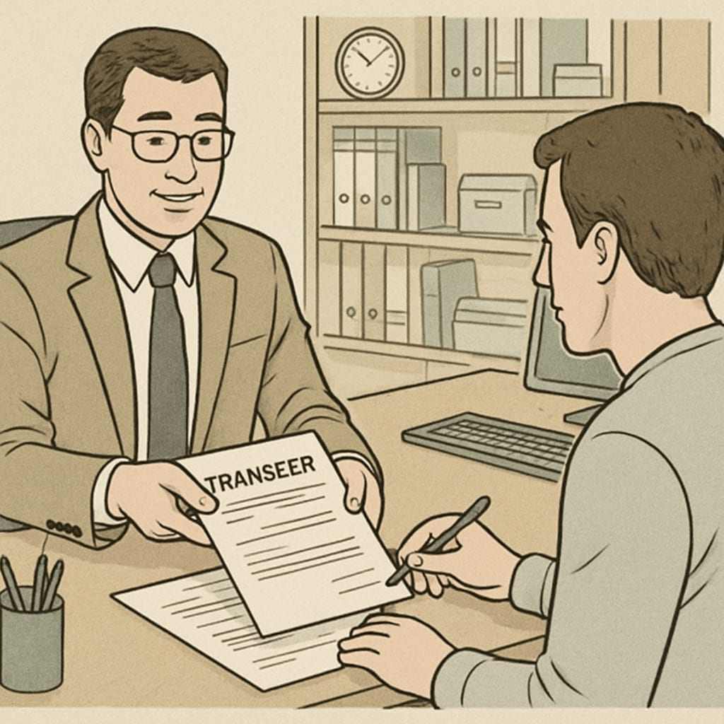 School administrator helping parent with student transfer paperwork