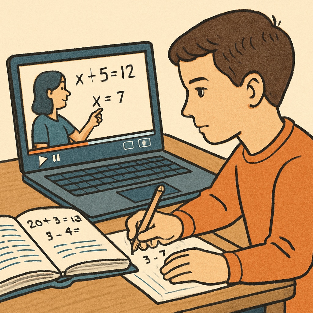 Student practicing math problems with YouTube math tutorials.