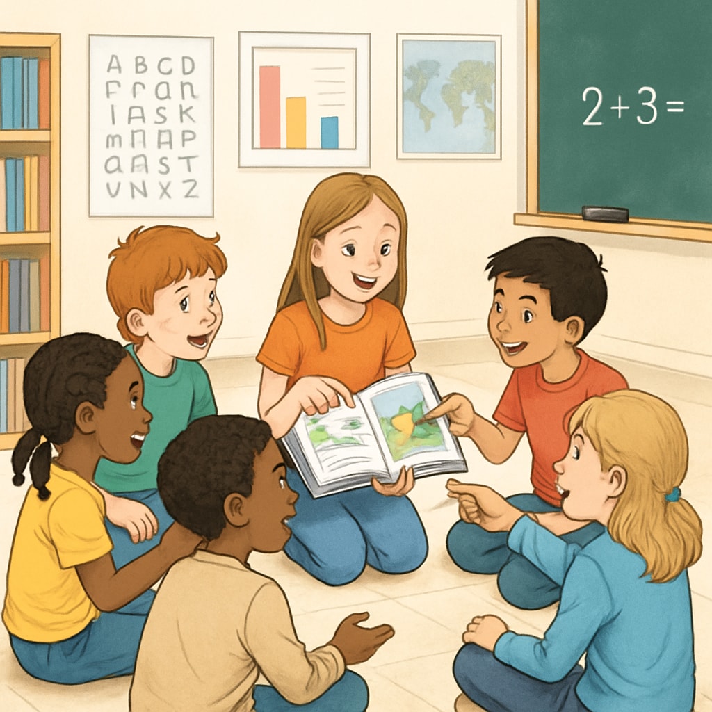 Children in a classroom book club, discussing a book to showcase alternative feedback mechanisms.
