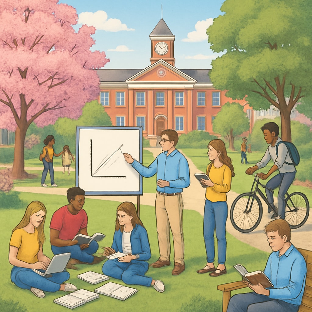 University campus with nursing students balancing academic and social life