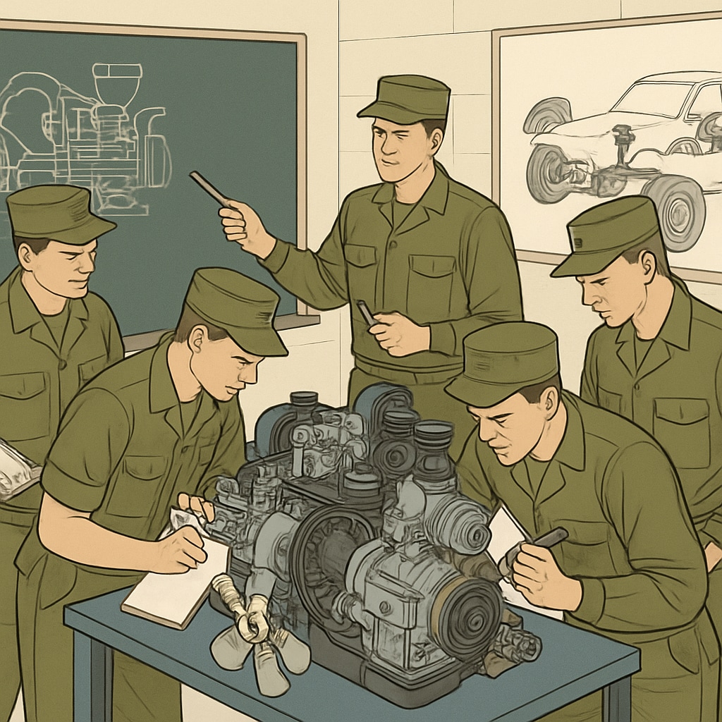 Military students learning automotive technology during a workshop.