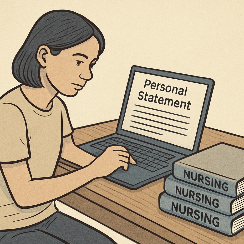 Nursing student preparing transfer application with textbooks and laptop