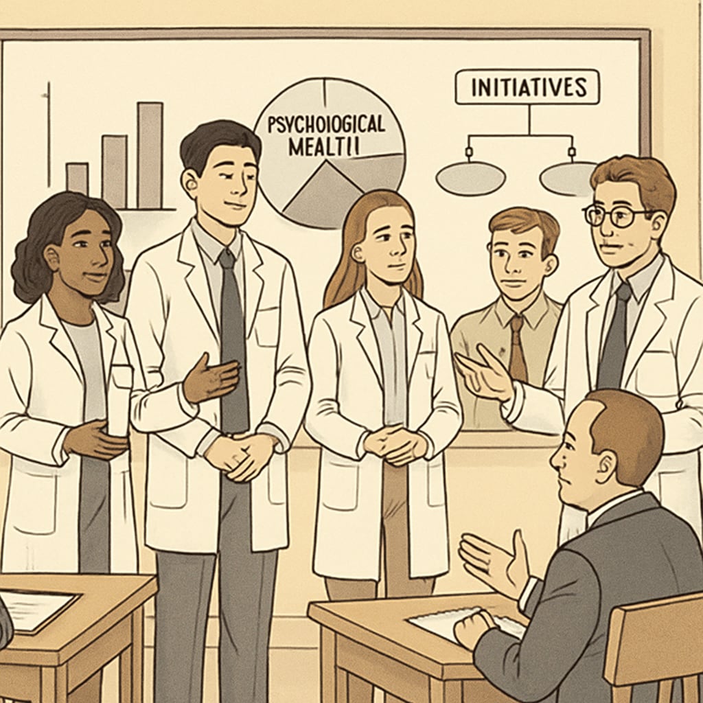 A group of medical students presenting a proposal to high school administrators, emphasizing collaboration for psychological health initiatives. Medical students collaborating with high school administrators on psychological health assemblies.
