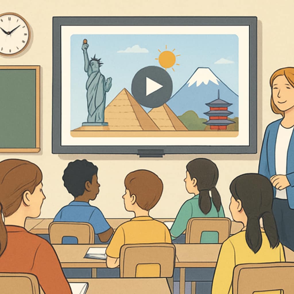 A classroom setting where students are engaged with short video content about global destinations. Students watching travel short videos in a classroom, exploring global destinations.