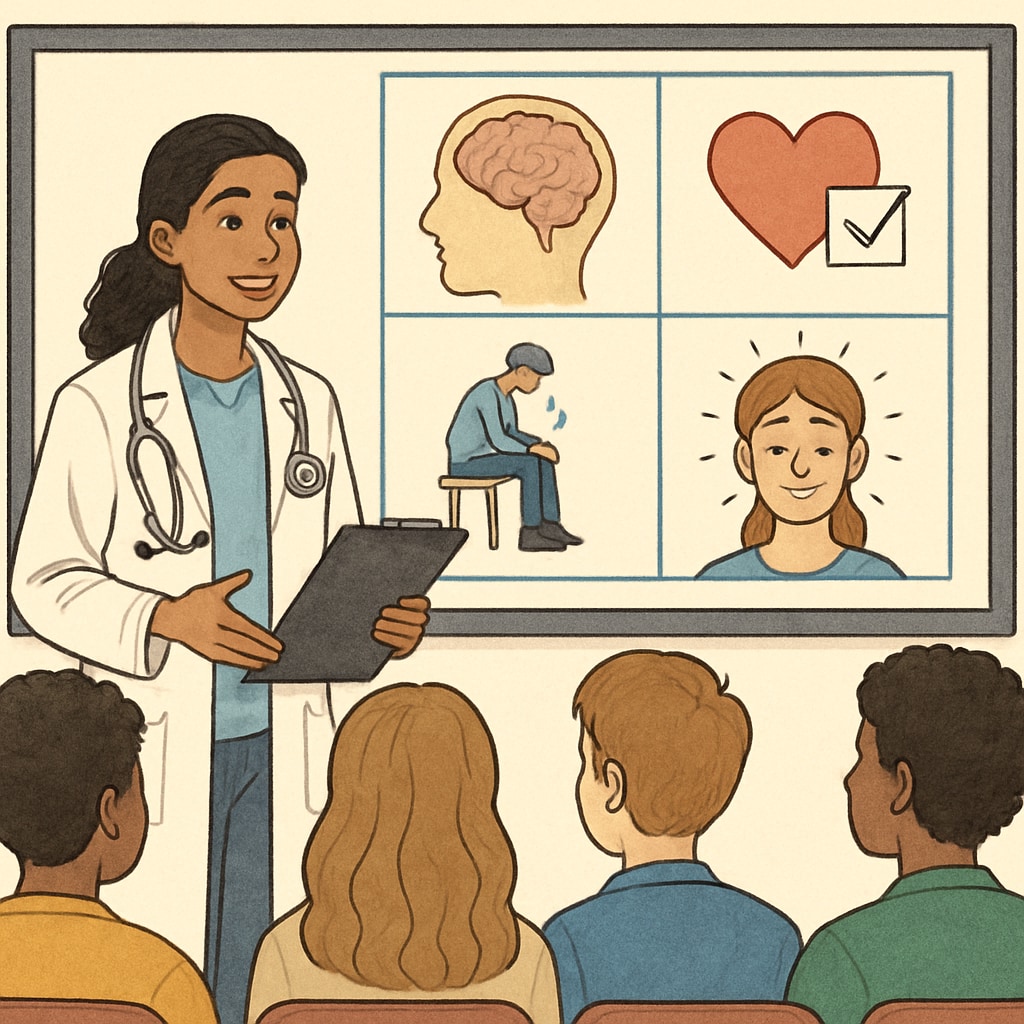 A medical student speaking to a group of high school students during an assembly, using interactive visuals to explain psychological health. Medical student presenting psychological health concepts to high school students during an assembly.