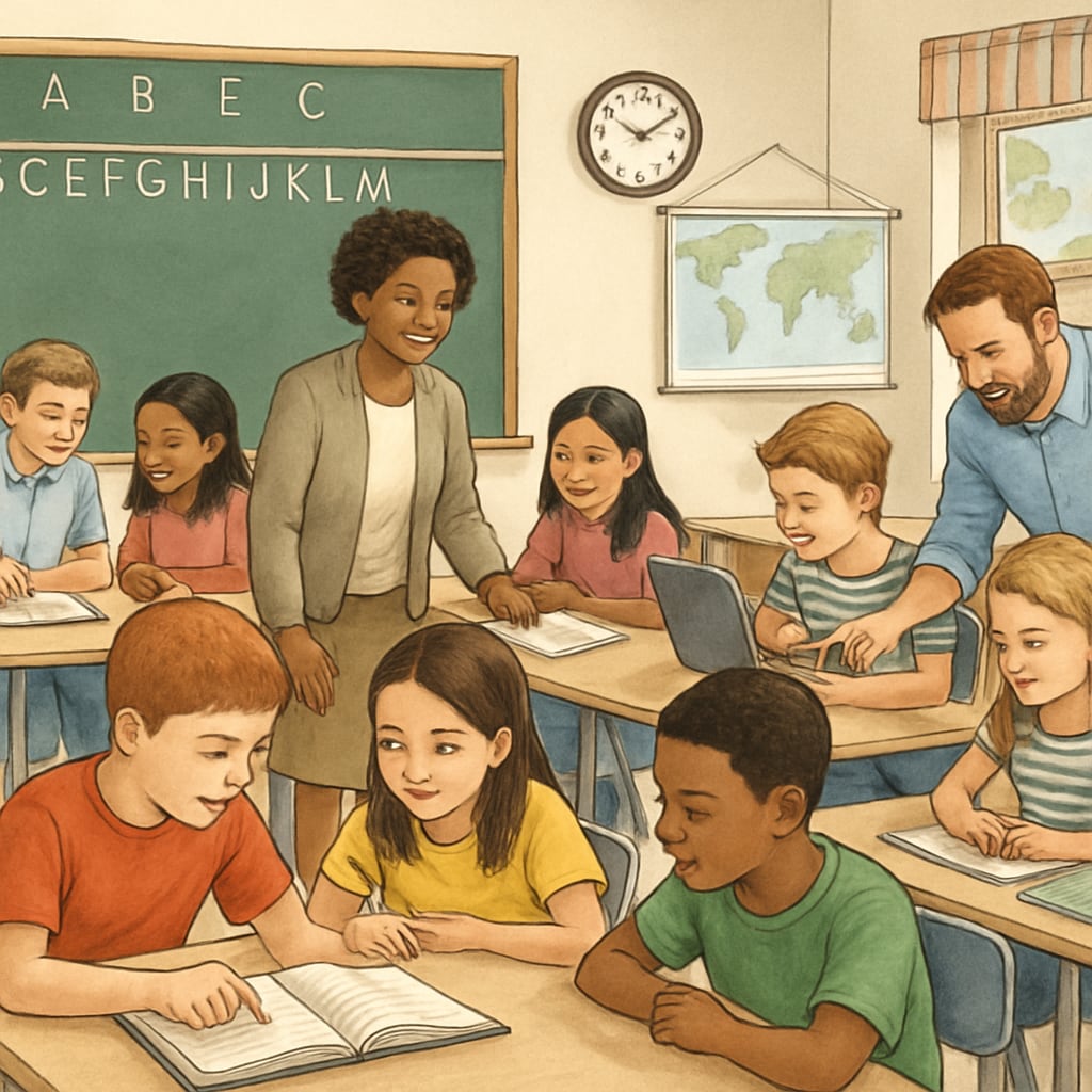 A classroom in a public school with students and teachers engaging in collaborative learning. Public school classroom with students learning collaboratively.