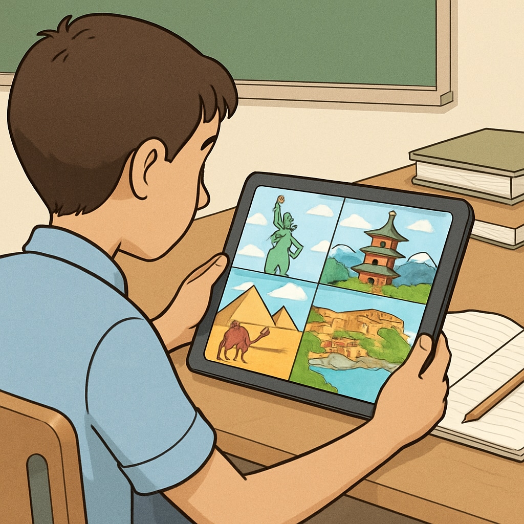 A student watching a travel video on their tablet, showing scenes from different countries. K12 student watching travel short videos about global cultures and landscapes.