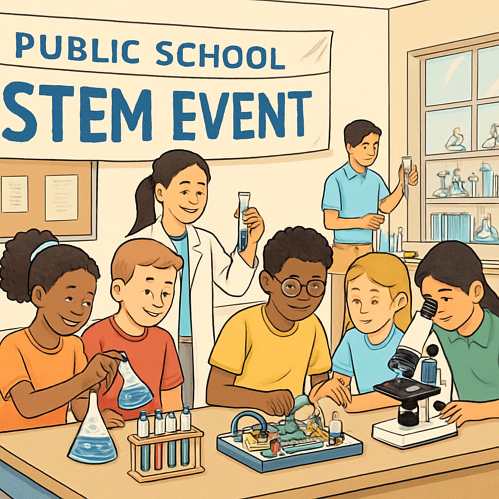 A public school hosting a STEM event with students engaged in hands-on experiments. Public school STEM event showcasing hands-on learning opportunities.