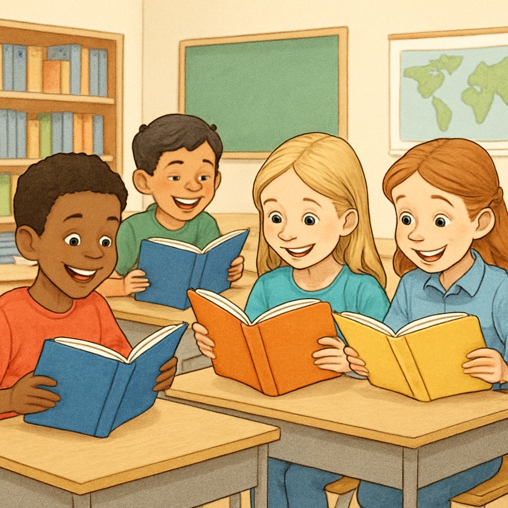 A group of elementary students excitedly reading books in a classroom setting, showcasing engagement and joy. Students reading books to promote interest and comprehension.