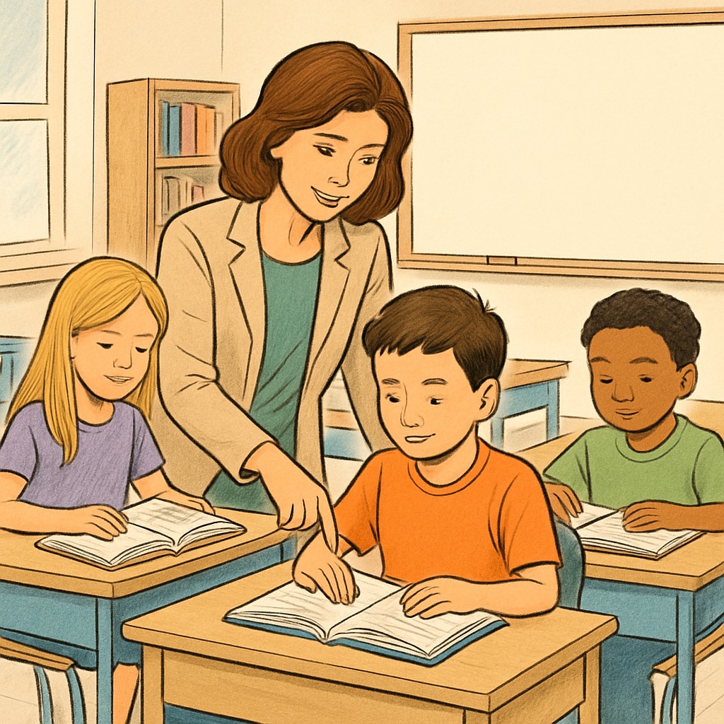 A teacher guiding students through a reading activity in a classroom setting. Teacher helping students understand reading text complexity in a classroom environment.