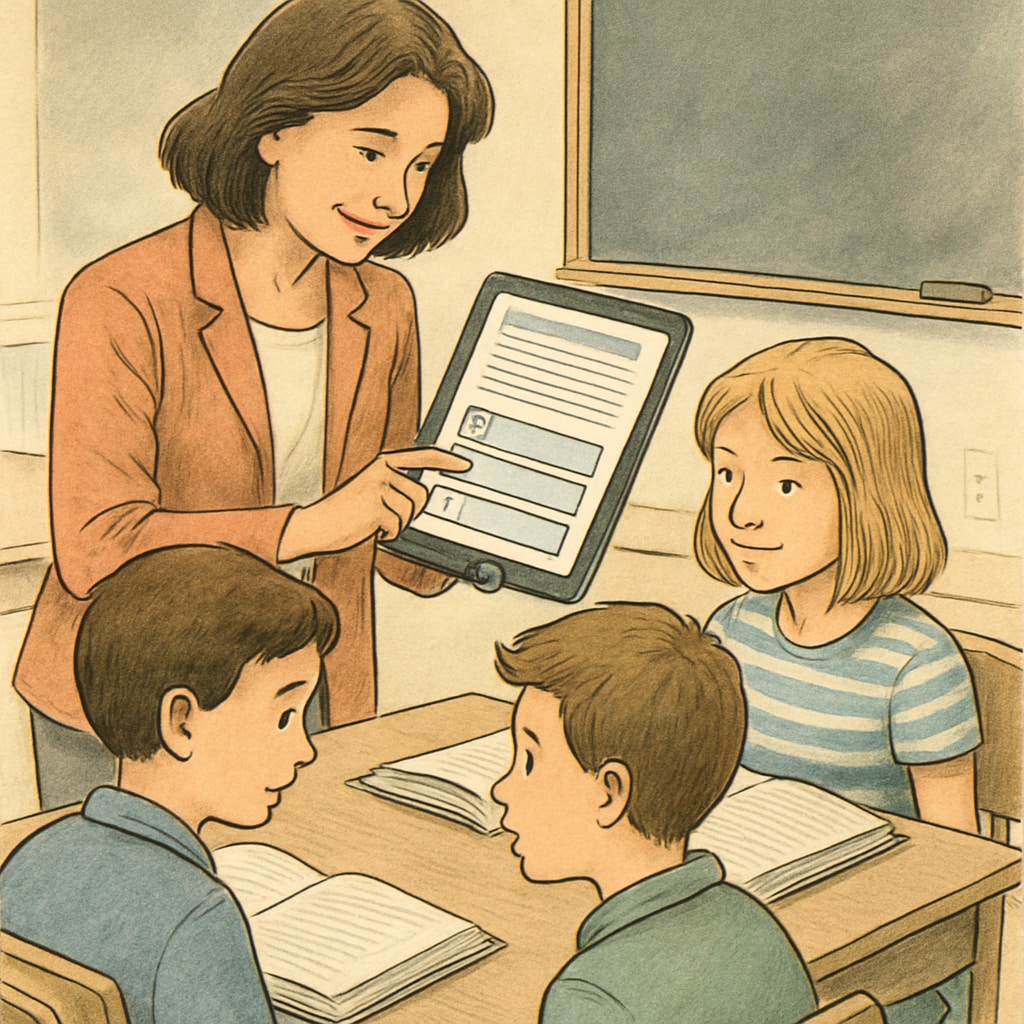A teacher using a tablet to guide students through a digital reading comprehension activity, highlighting technology integration. Teacher and students using digital tools for reading comprehension.