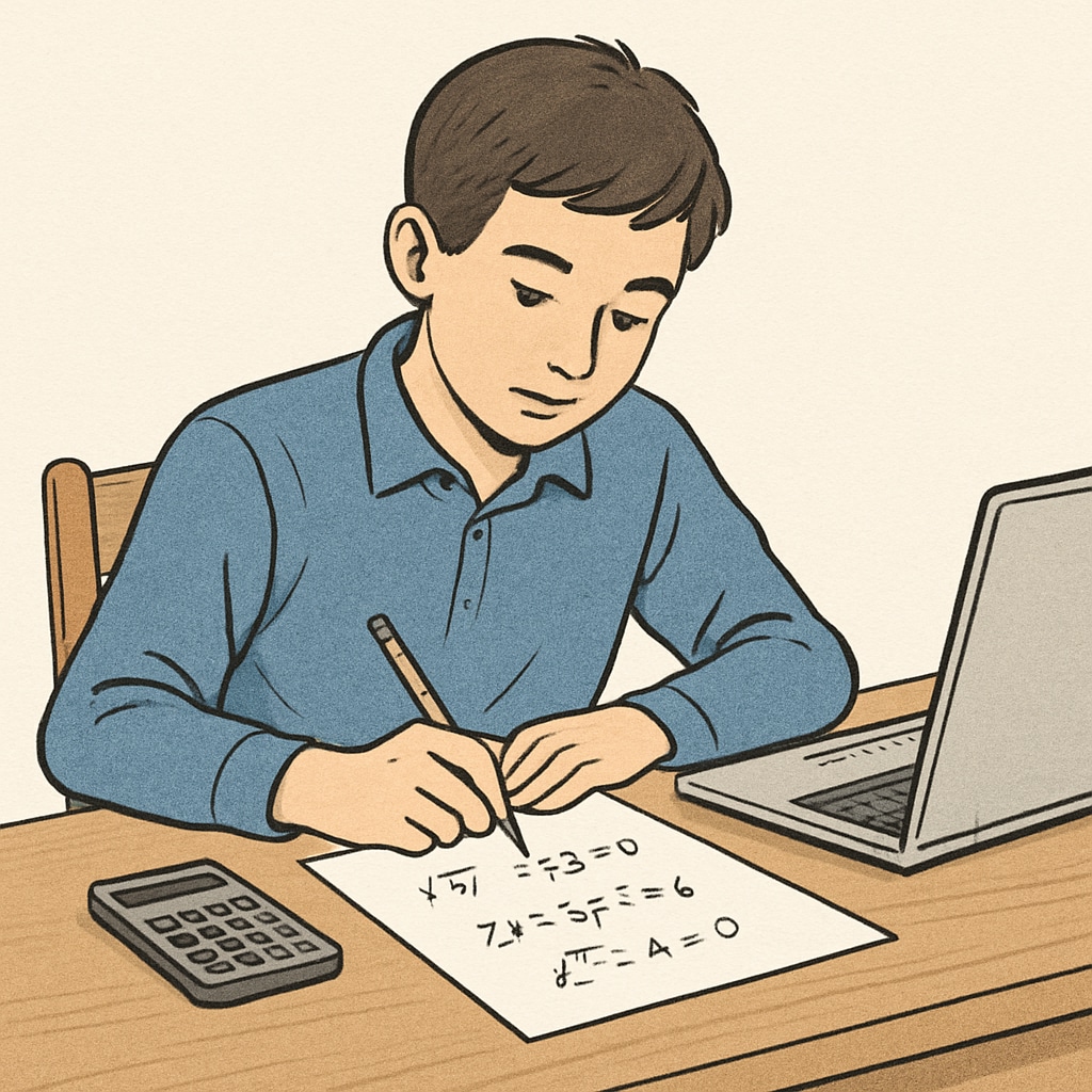 A student solving mathematical problems on paper with a calculator and a laptop on the table. Student preparing for mathematical ability tests during campus recruitment with a calculator and laptop.