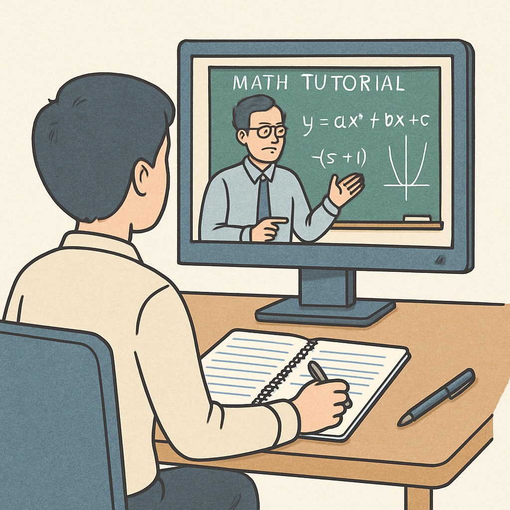 A person watching a math tutorial on YouTube, with a notebook and pen ready for notes. Candidate watching a YouTube tutorial for mathematical ability test preparation during campus recruitment.