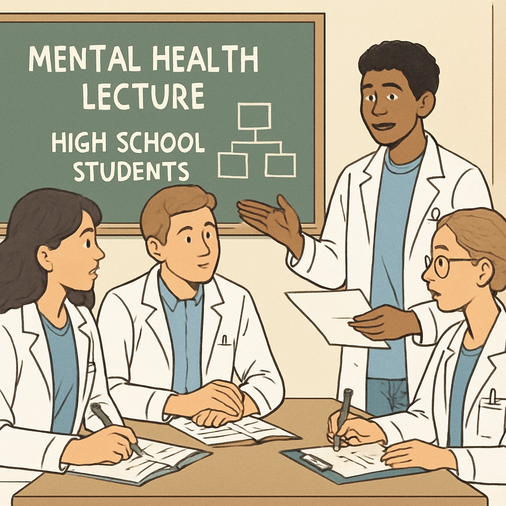 A group of medical students discussing plans for a mental health lecture in a high school setting. Medical students planning a high school mental health lecture.