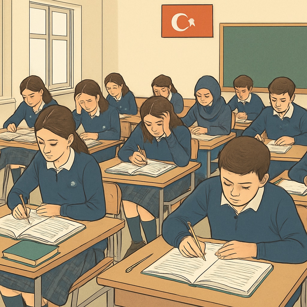 Turkish students preparing for exams in a high-pressure educational environment.