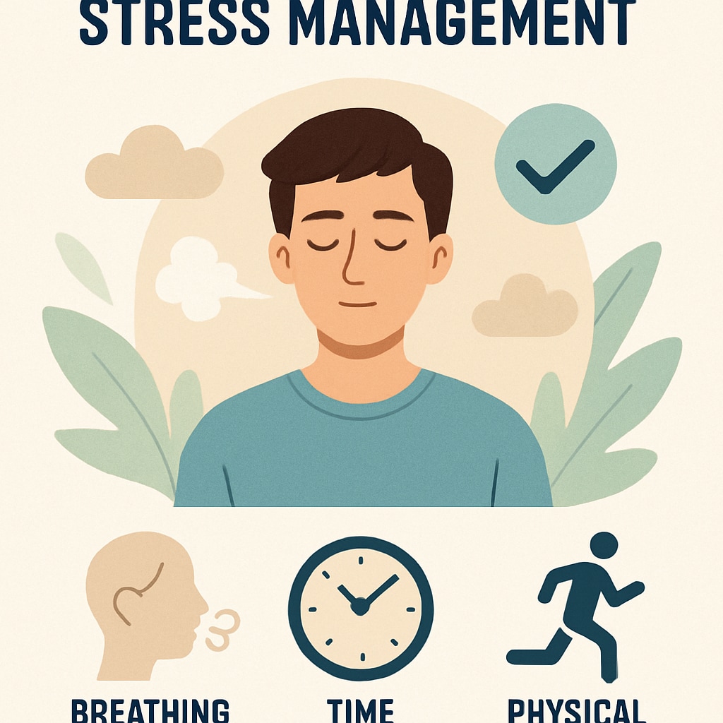 A visually engaging slide from a high school mental health lecture discussing stress management techniques. Slide from a lecture on stress management for high school students.
