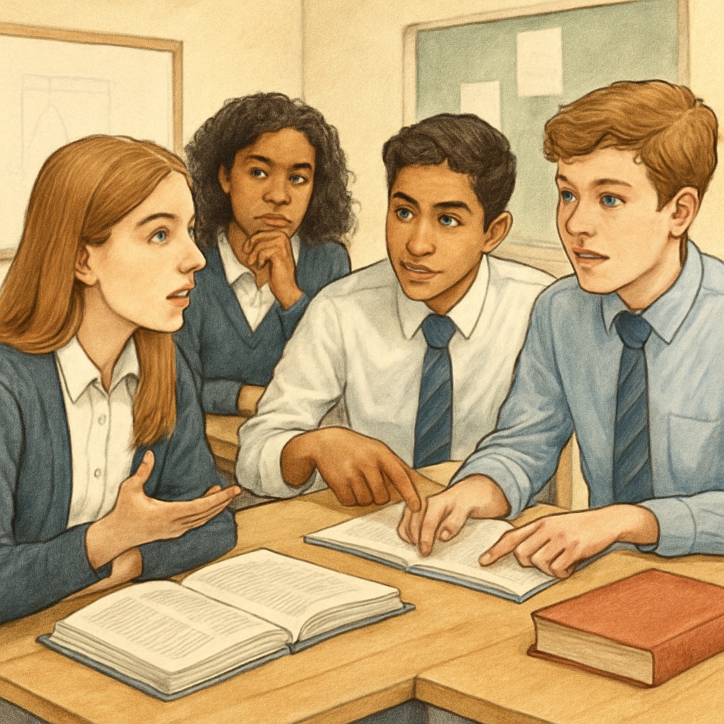 UK students discussing in a classroom, representing the analytical focus of A Levels education.